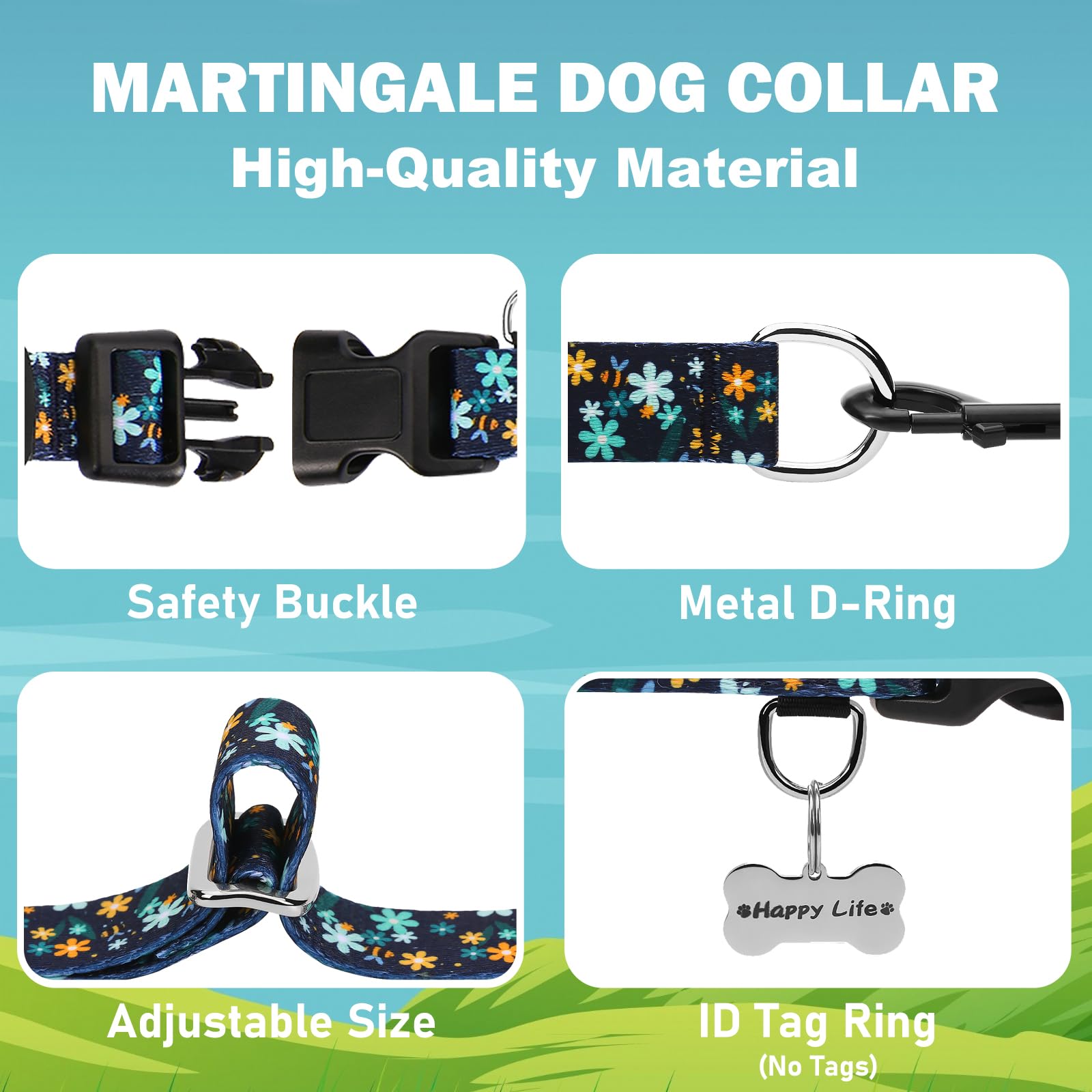 Fidohug Martingale Collar For Dogs With Buckle Adjustable Nylon Limited Slip Training Dog Collars (Green Flower, Large)